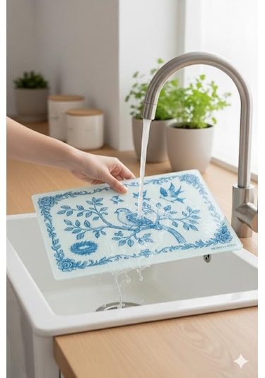 Cam Kesme Tahtası Sofra & Mutfak Kesme Tahtası Sunum Tahtası Cam Doğrama Tahtası Sunumluk Beyaz - Mavi