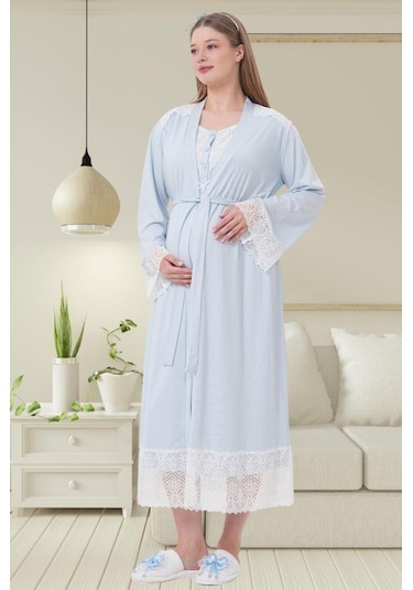 Mecit Pijama Mecit 6204 Bayan Mavi Hamile Lohusa Sabahlık Gecelik Takım