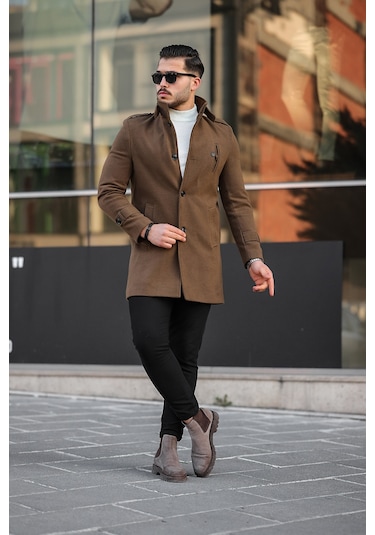 Erkek Taba Dar Kesim Dik Yaka Uzun Kaşe Kaban-Taba