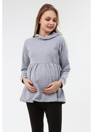 Luvmabelly Myra4530 Büzgülü Fermuarlı Emzirme Sweatshirt -Gri