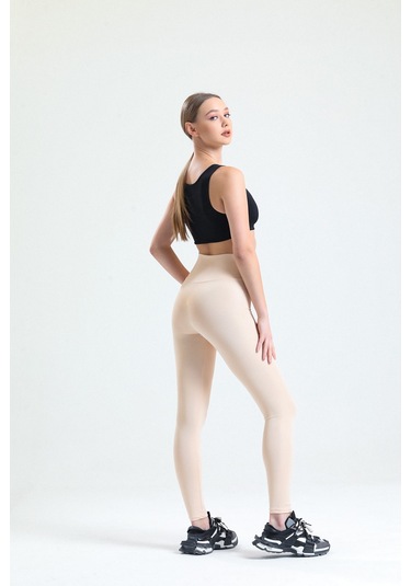 Caramel Yüksek Bel Toparlayıcı Dalgıç Kumaş Spor Günlük Tayt Ekru