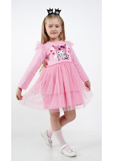 Kuromi Pembe Tül Detaylı Kız Çocuk Elbisesi Pembe
