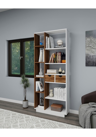 Arnetti Luma 10 Raflı Dolaplı Kitaplık Beyaz Ceviz