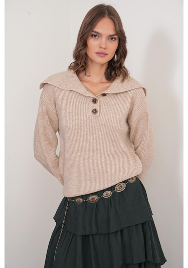 6900 Kadın Düğmeli Devrik Yaka Triko Kazak Bej Bej