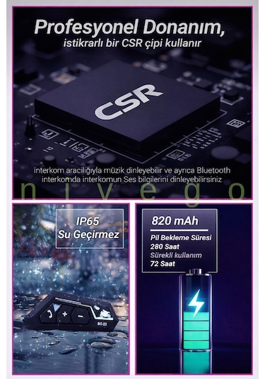 Nivego Bt22 Motorsiklet Kask Kulaklığı İnterkom İntercom Bluetooth 5.0