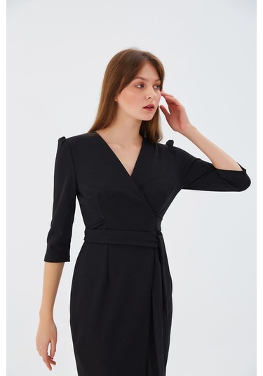 Nefeli V Yaka Midi Sarımlı Elbise - Minimalist Şık Günlük Siyah