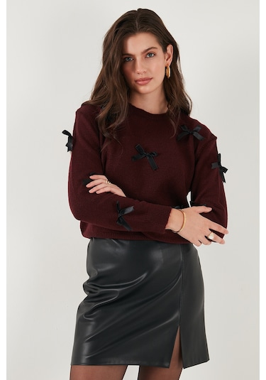 Lela Premium Regular Fit Bisiklet Yaka Fiyonk Detaylı Triko Bayan Kazak 680Kz00155 Bordo