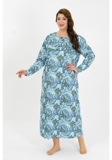 Akbeniz Kadın Büyük Beden Uzun Kol Mavi Anne Gecelik 1378 Mavi