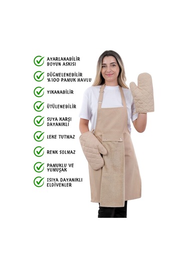 Star Ayar Askılı Havlulu 4lü Mutfak Önlüğü Seti 2 Eldiven Krem-krem-krem