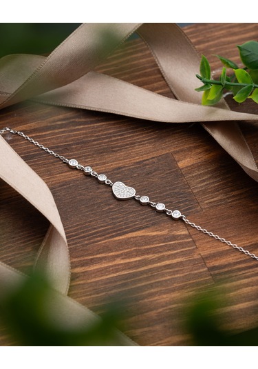 925 Ayar Rodyum Zirkon Taşlı Kalp Gümüş Bileklik Gümüş - Rodyum