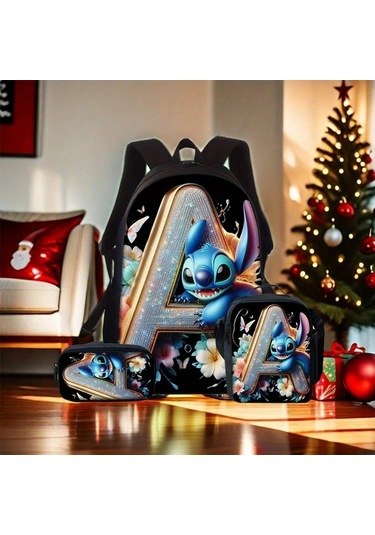 Honeybeeshop Stitch Ve Elmas Çiçekli 3 Adet Sırt Çantası Seti Büyük Kapasiteli Sku K K
