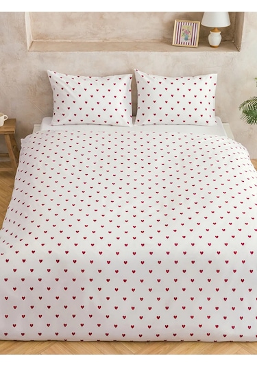 Kırmızı Kalp Baskılı Çift Kişilik Nevresim Seti 200x220 Cm
