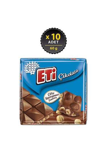 Eti Çifte Kavrulmuş Fındıklı Sütlü Kare Çikolata 10 x 60 G