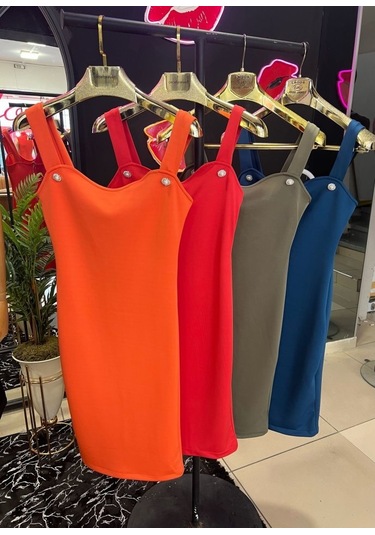 Kadın Dalgıç Kumaş Düğmeli Fermuarlı Askılı Elbise Çok Renkli