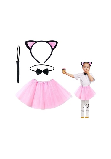 Pembe Renk Etekli Kedi Kostüm Seti Tütü, Taç, Papyon, Kuyruk