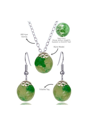 Sertifikalı Küre Model Yeşil Florit Taşı Kolye Ve Küpe Seti - Güm Çok Renkli
