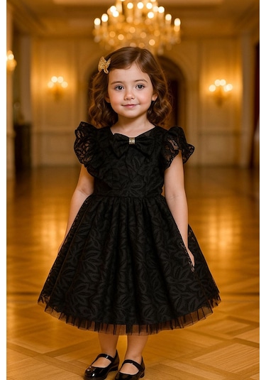 Kız Çocuk Siyah Tül Desenli Doğum Günü Hediye Şık Prenses Elbise Siyah