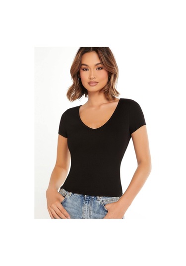 V Yaka Siyah Renk Fitilli Kısa Kollu Slim Fit Crop Top Bluz Siyah