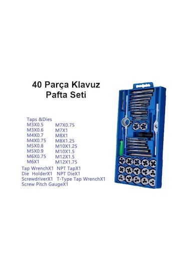 Valkyrie 40 Parça Klavuz Pafta Seti Metrik Set M3-m12 Arası 40lı Takım