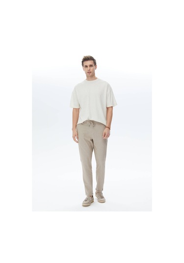 Kip Bej Jakarlı Bisiklet Yaka Keten Karışımlı T-shirt Çok Renkli