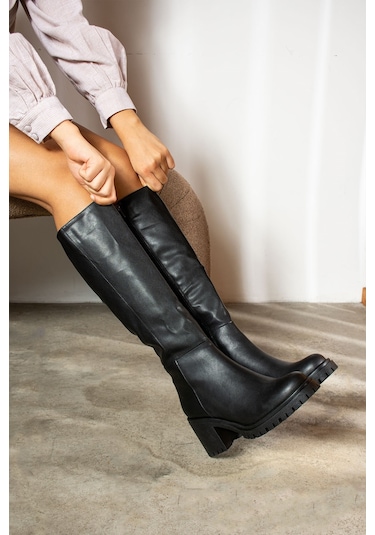 Günlük Kadın Dizaltı Çizme Kalın Yüksek Traktör Topuklu Kaymaz Taban Fermuarlı Rahat 2431 Siyah