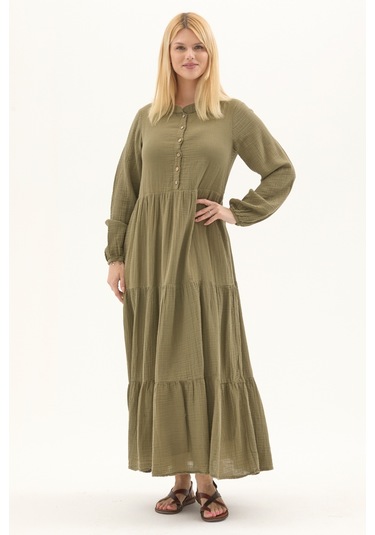 Uzun Kol Haki Düğmeli Yazlık Uzun Müslin Elbise
