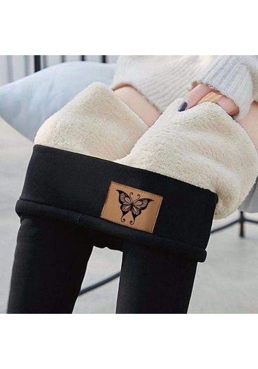 Siyah Kış Kadın Tayt Yün Astarlı Kadife Termal Pantolon Yüksek Bel Tayt Düz Renk Rahat Streç Sıcak Siyah