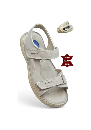 088 Topuk Jelli Tam Ortopedik Taban Hakiki Deri Erkek Sandalet Cırtlı Sandalet Bej
