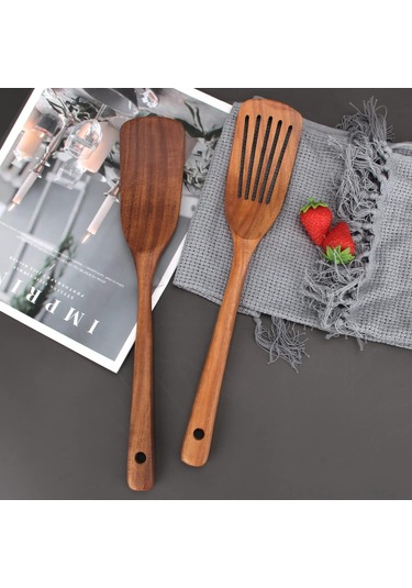 Springsun 2 Parça Akasya Ahşap Mutfak Spatula Seti: Kaymaz Tencere Uyumlu Düz Ve Delikli Spatula, Toksik Madde Free, Gönüllü Kullanim, Ergonomik Kollu