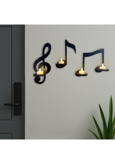 Cajuart Siyah Ahşap Notalar 3 Parça Led Mumlu Duvar Dekoru Dekoratif Tablo