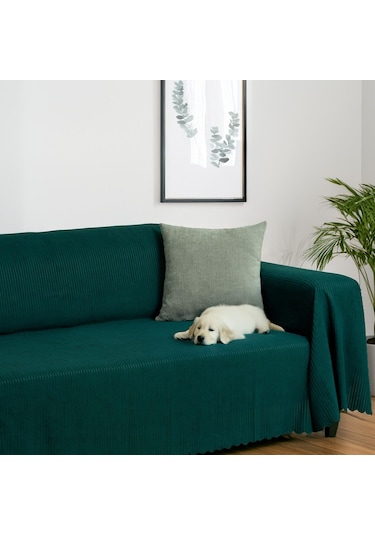 Mikrofiber Şönil Fitilli Minimalist Koltuk Örtüsü -175x350 Cm Xlarge, Çift Taraflı, Kaymaz, Terletmez Zümrüt Zümrüt