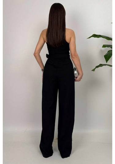 Amber Kadın Kemer Detaylı Askılı Bol Paça Siyah Tulum Rahat Şık Yazlık Kombin Siyah