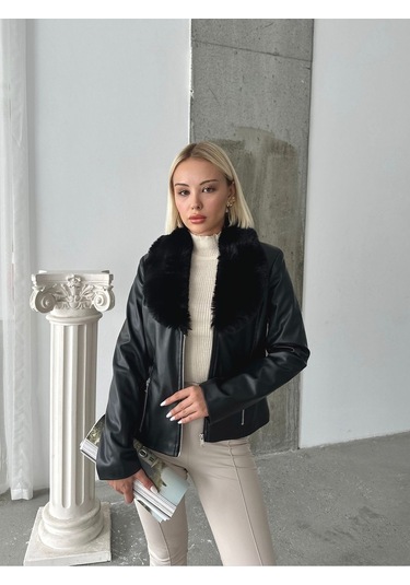 Kadın Deri Mont Siyah