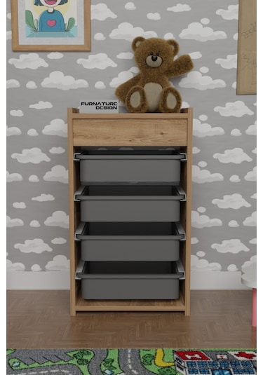 4 Sepetli Oyuncak Dolabı Çok Amaçlı Dolap Atlantik Çam - Gri Kahverengi