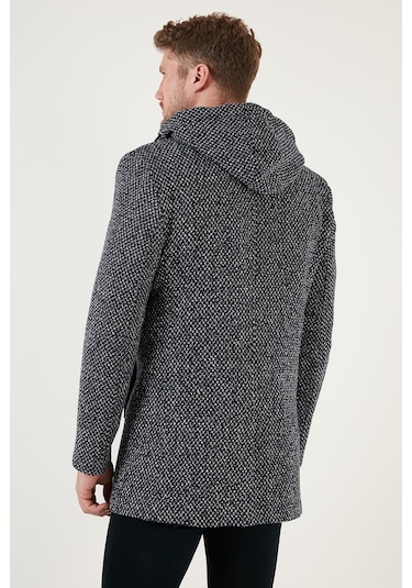 Buratti Çıkarılabilir Kapüşonlu Kırçıllı Slim Fit Kaşe Erkek Kaban 5841013 Lacivert Noktalı