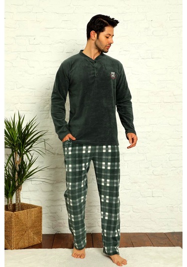 Nisanca Kışlık Sıcak Tutan Erkek Polar Pijama Takımı Yesil