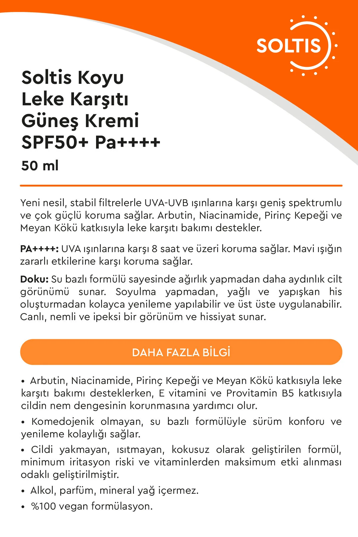 Soltis Koyu Leke Karşıtı Ve Yüksek Korumalı Güneş Kremi Spf 50+ Pa++++ , 50 Ml