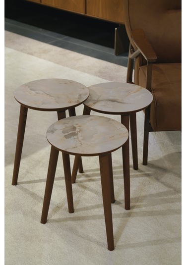 Madrid 3'lü Zigon Sehpa %100 Mdf Yuvarlak Buz Gri Mermer Desen