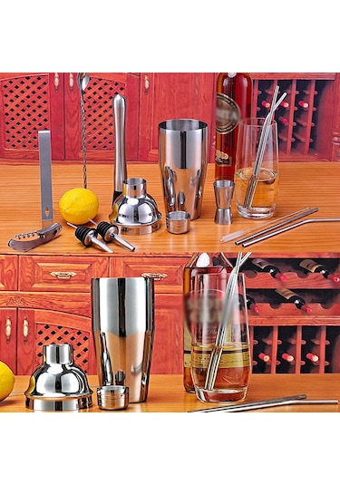 Yunboo 304 Çelik Kokteyl Hazırlama Seti 13 Parça - 350ml Şakiyeli Profesyonel Bar Aletleri, İçki Karıştırma Gereçleri