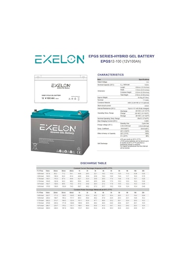 Exelon 12 Volt 100 Amper Jel Akü Derin Döngü Deep Cycle