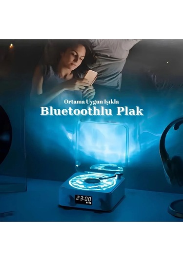 Ceylan Adam Waves Nostalji Plak Görünümlü Bluetooth Hoparlör 3d Ses Dalgası Retro Müzik Plak Mavi