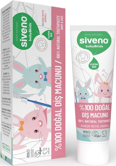 Siveno %100 Doğal Diş Macunu Bebek - Çocuk İçin Karışık Meyve Aromalı Florürsüz 50 ml