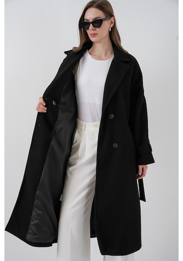 Kadın Kuşaklı Kaşe Kaban 9161 - Siyah Siyah