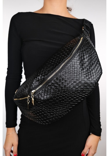 Luvishoes Venta Siyah Örgü Kadın Büyük Bel Çantası Siyah