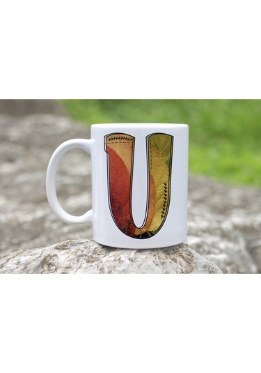 U Harf Yaprak Renkleri İle Kupa Bardak - Kişiye Özel Alfabe Harfli Bardak - Hediye Beyaz