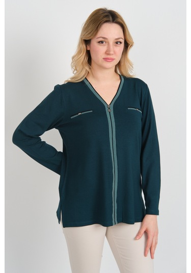 Detay Triko Kadın Süs Cepli Toka Detaylı Uzun Kol Anne Bluz 5717 Zümrüt Zümrüt