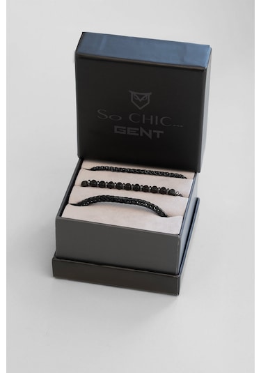 Gri Hematit Taşlı Ayarlanabilir Erkek Çelik Üçlü Bileklik Seti Siyah