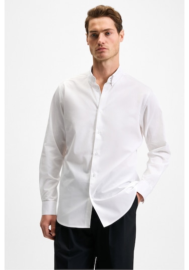 RISTO Erkek Düğmeli Yıkama Sonrası Ütü İhtiyacını En Aza İndiren Kumaş Gömlek Yaka Manşetli Beyaz Gö