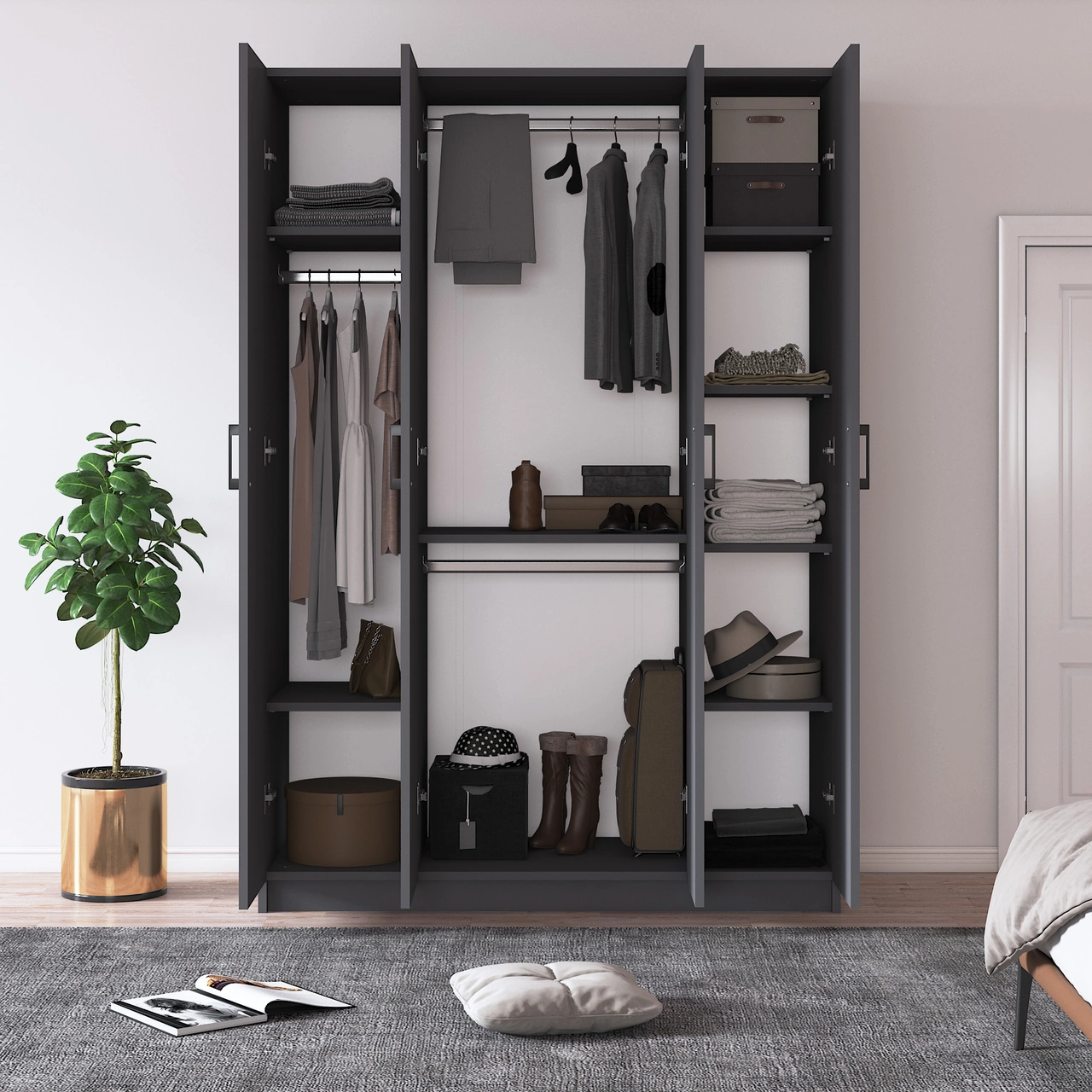 %100 Mdflam 4 Kapaklı Gardrop 120cm G-08 Antrasit