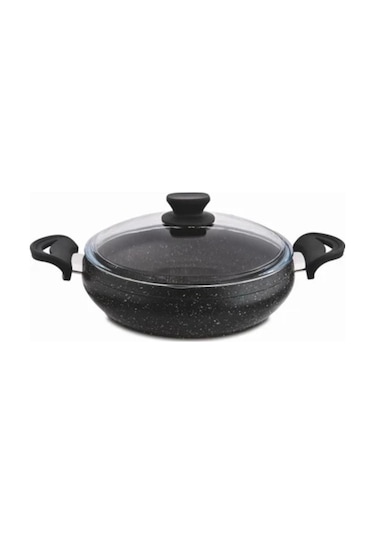 Granit Pro 26 Cm Basık Granit Güveç Tencere Siyah Bakalit Saplı Cam Kapaklı Yapışmaz